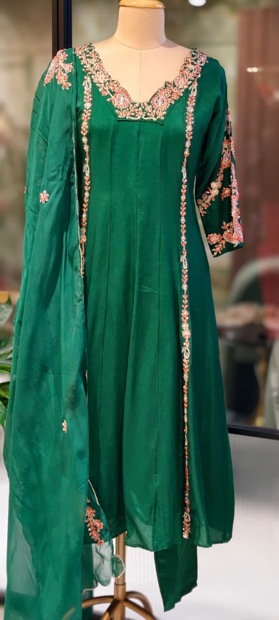 Regal Zardosi Vibrant A-Line Dola Silk Panel Anarkali Full Suit Set With Dupatta- 13308