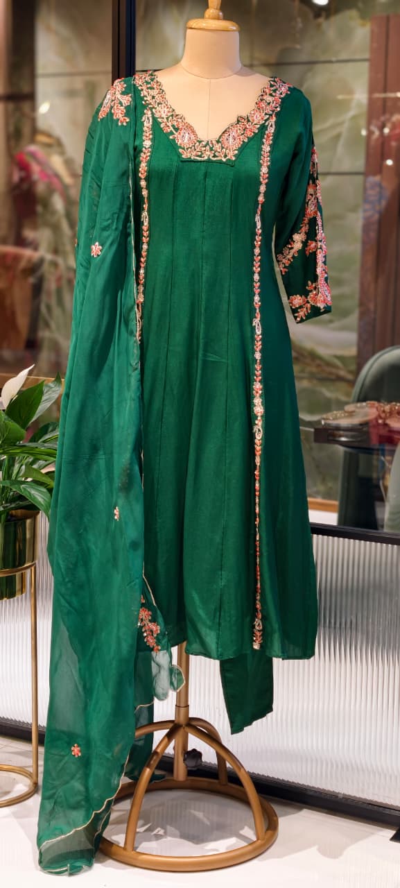 Regal Zardosi Vibrant A-Line Dola Silk Panel Anarkali Full Suit Set With Dupatta- 13308