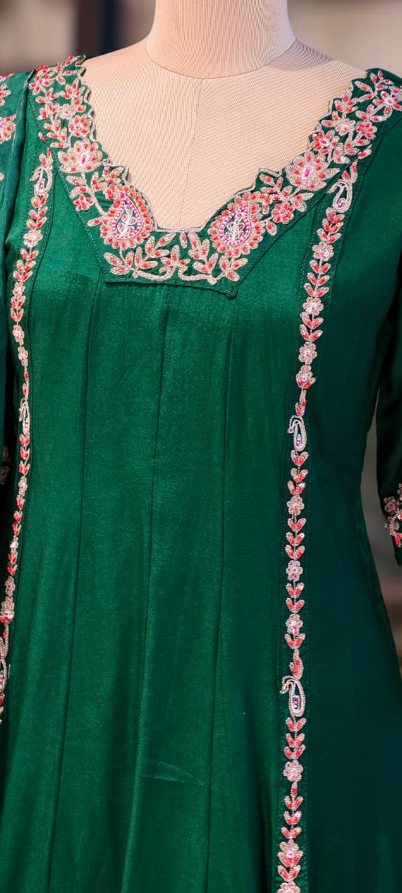 Regal Zardosi Vibrant A-Line Dola Silk Panel Anarkali Full Suit Set With Dupatta- 13308