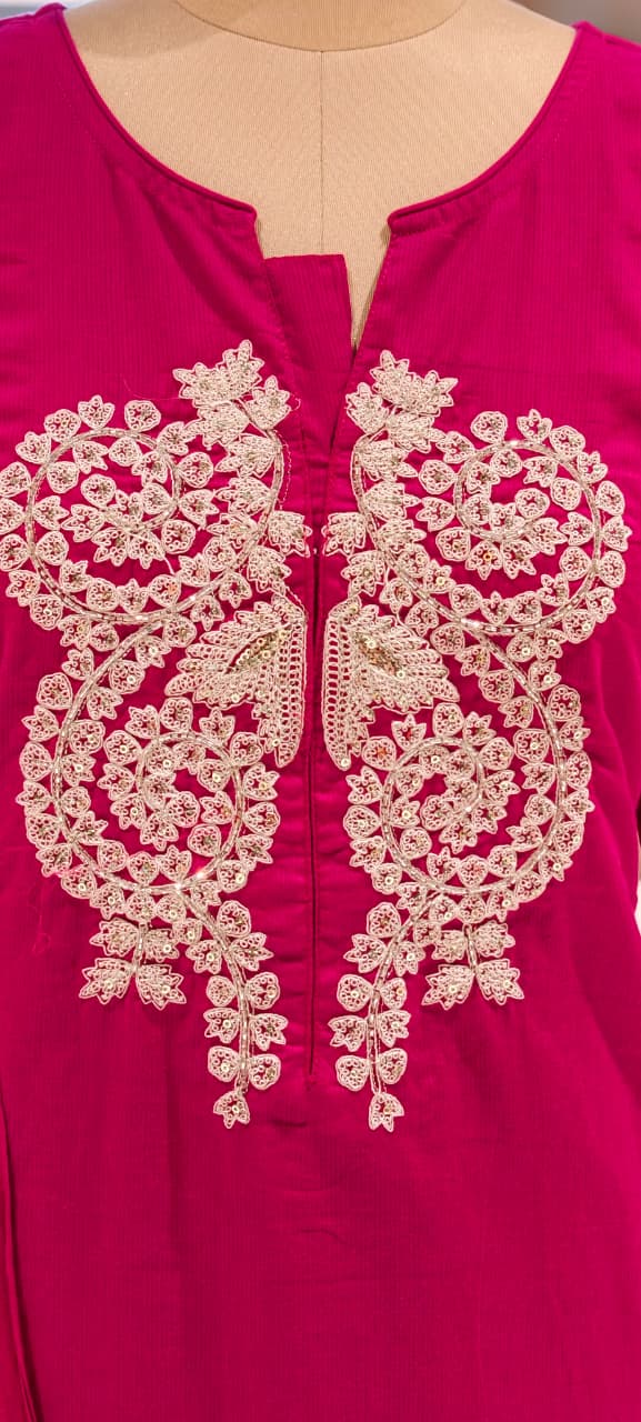 Minimal Work Yoke Solid Full Suit Set With Dupatta In Cotton Fabric- 13317