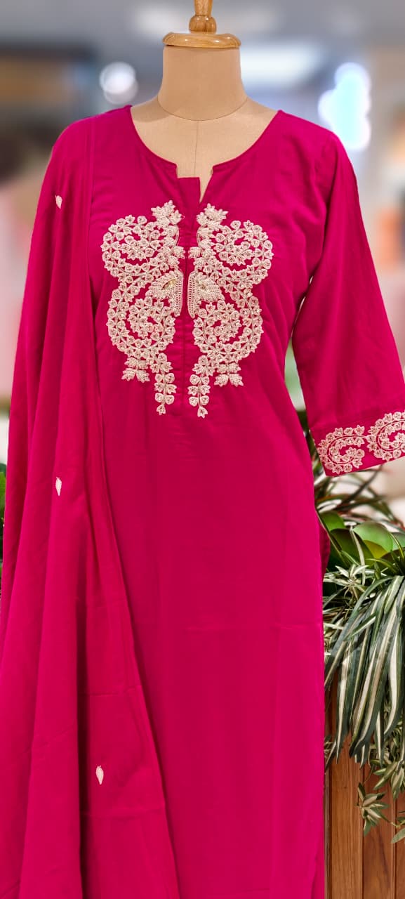 Minimal Work Yoke Solid Full Suit Set With Dupatta In Cotton Fabric- 13317