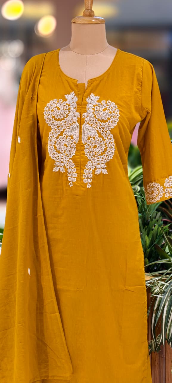 Minimal Work Yoke Solid Full Suit Set With Dupatta In Cotton Fabric- 13317