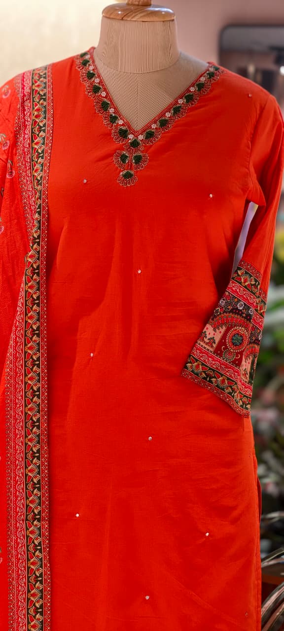 Unique Rajasthani Look Bordered Cotton Full Suit Set With Plain Bottom & Dupatta- 13357