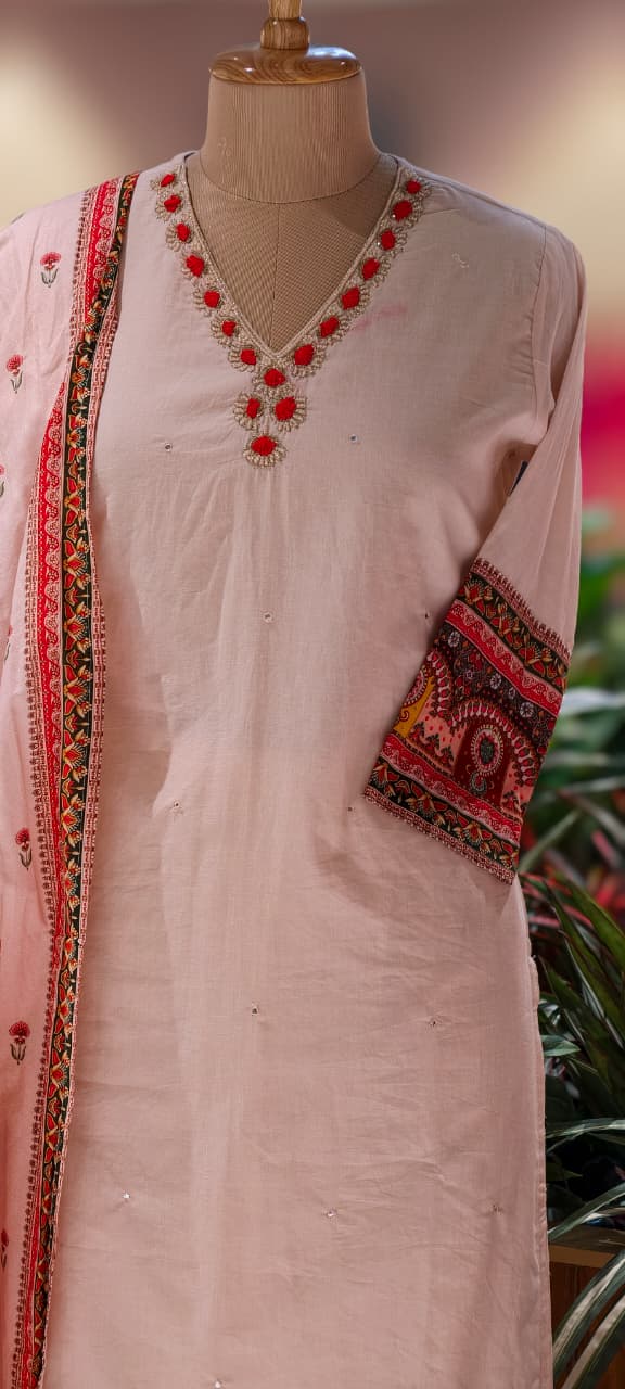 Unique Rajasthani Look Bordered Cotton Full Suit Set With Plain Bottom & Dupatta- 13357