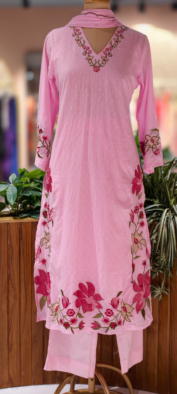 Soft Tone Cute Floral Embroidery A-Line Full Suit Set With Dupatta In Mul Cotton Fabric- 13330