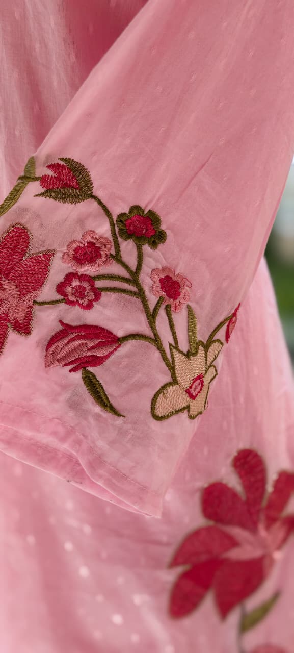 Soft Tone Cute Floral Embroidery A-Line Full Suit Set With Dupatta In Mul Cotton Fabric- 13330