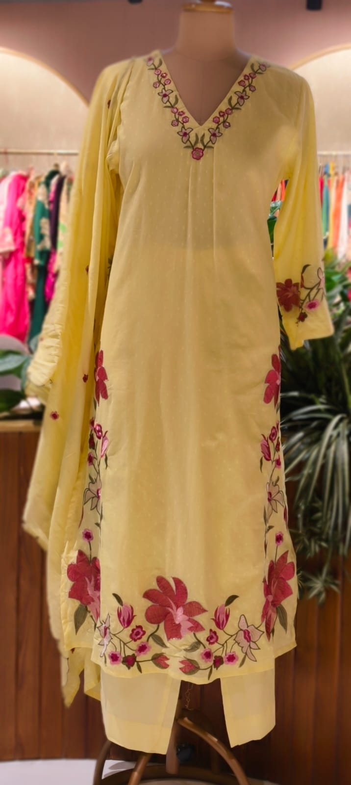 Soft Tone Cute Floral Embroidery A-Line Full Suit Set With Dupatta In Mul Cotton Fabric- 13330