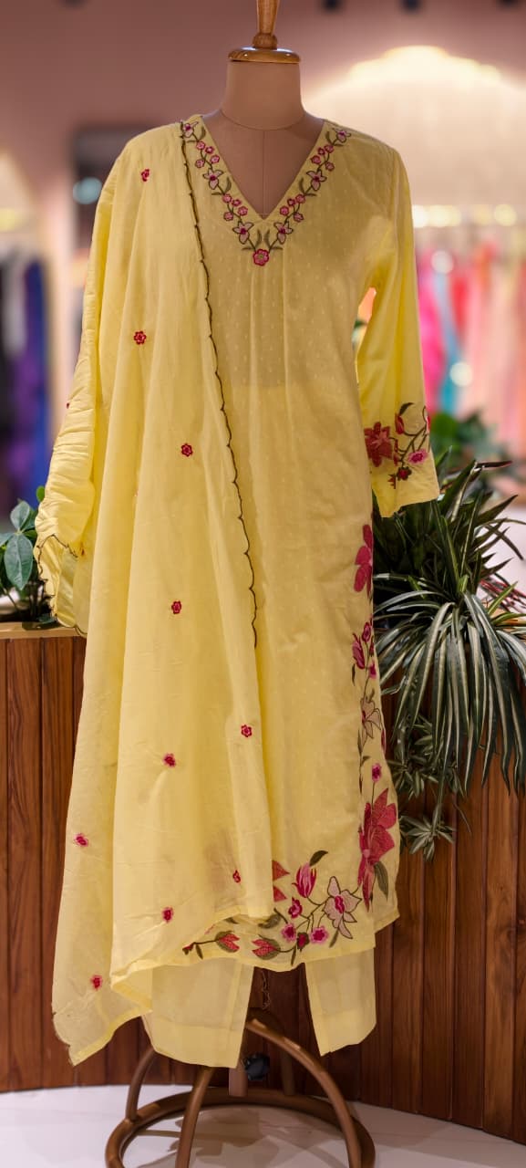 Soft Tone Cute Floral Embroidery A-Line Full Suit Set With Dupatta In Mul Cotton Fabric- 13330