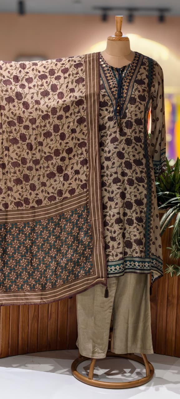 Bold Look Completely Printed Stylish A-Line Full Suit Set With Dupatta In Dola Silk Fabric- 13350