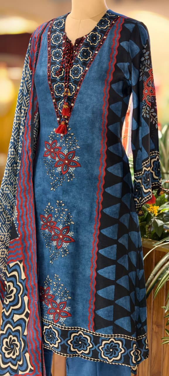 Classy Vintage Printed A-Line Full Suit Set With Dupatta In Dola Silk Fabric- 13351