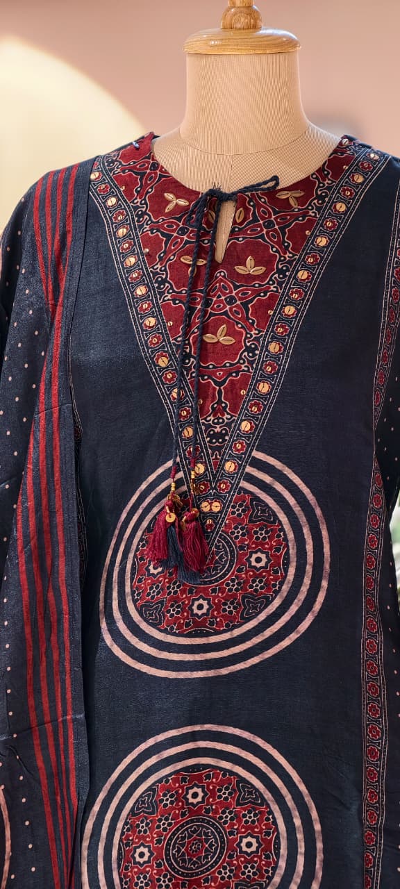 Foil Neck Line Rich Printed A-Line Full Suit Set With Dupatta In Dola Silk- 13348