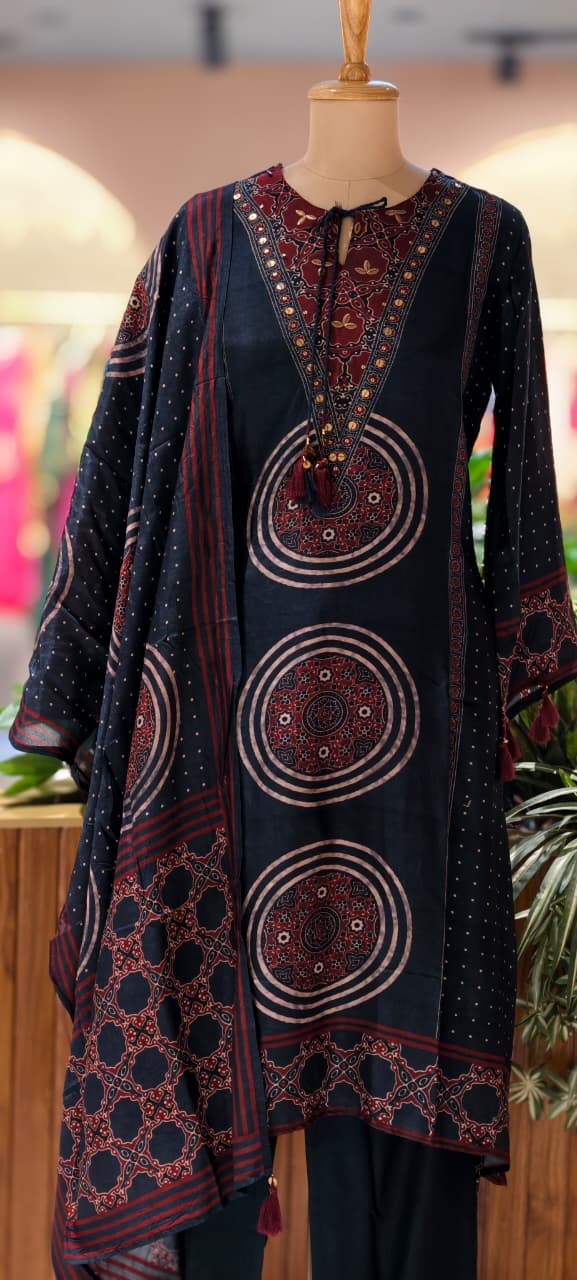 Foil Neck Line Rich Printed A-Line Full Suit Set With Dupatta In Dola Silk- 13348