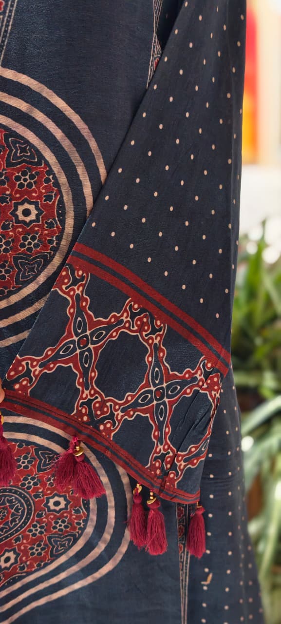 Foil Neck Line Rich Printed A-Line Full Suit Set With Dupatta In Dola Silk- 13348