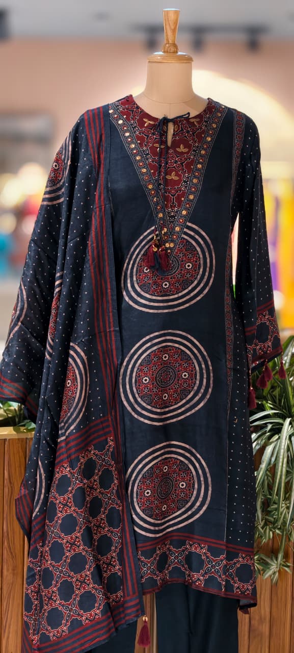 Foil Neck Line Rich Printed A-Line Full Suit Set With Dupatta In Dola Silk- 13348