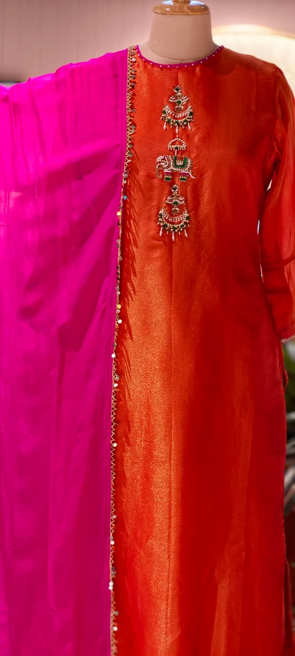 Minimal Kundan Figure Work Front Designed Solid Tissue Full Suit Set With Dupatta- 13377