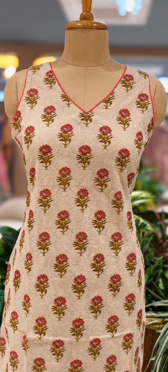 Beautiful Floral Printed Sleeveless Full Suit Set With Solid Dupatta In Cotton Fabric-13433
