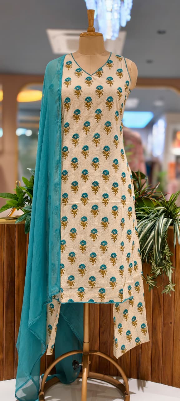 Beautiful Floral Printed Sleeveless Full Suit Set With Solid Dupatta In Cotton Fabric-13433