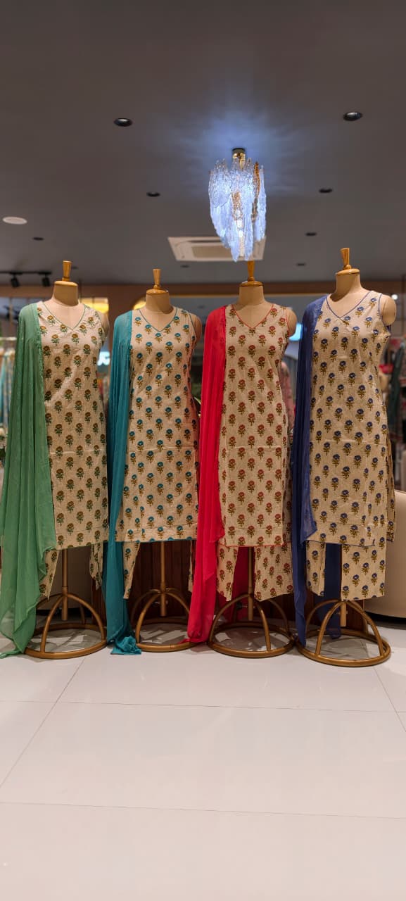 Beautiful Floral Printed Sleeveless Full Suit Set With Solid Dupatta In Cotton Fabric-13433