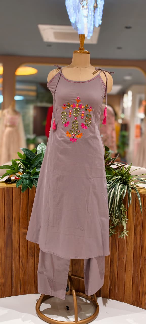 Real Mirror Thread Embroidered Upwork Handloom Sleeveless Solid Cotton Kurta Pant Set-13313
