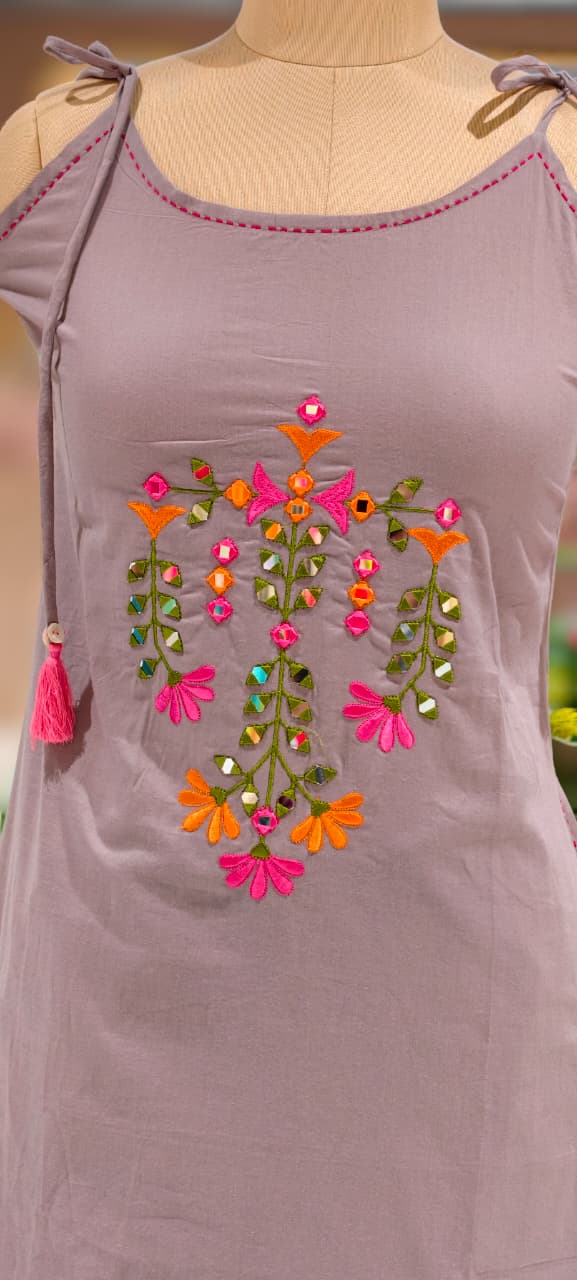 Real Mirror Thread Embroidered Upwork Handloom Sleeveless Solid Cotton Kurta Pant Set-13313