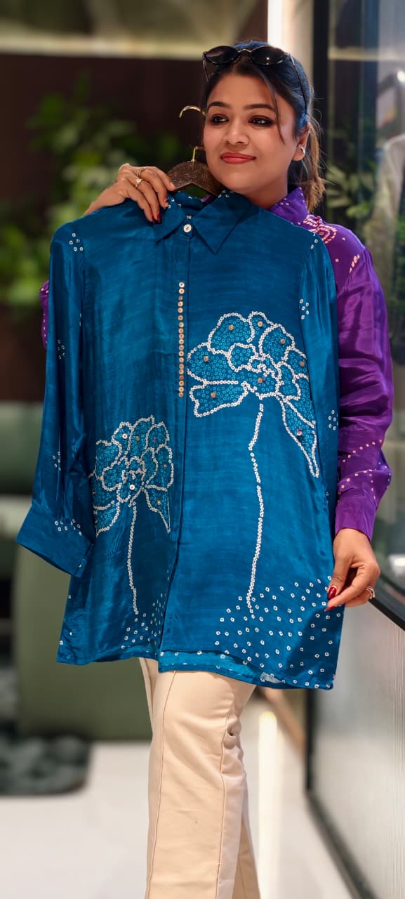 Scattered Bandhej Print Vibrant Crepe Collared Casual Shirt (Dispaching After 15 Days)