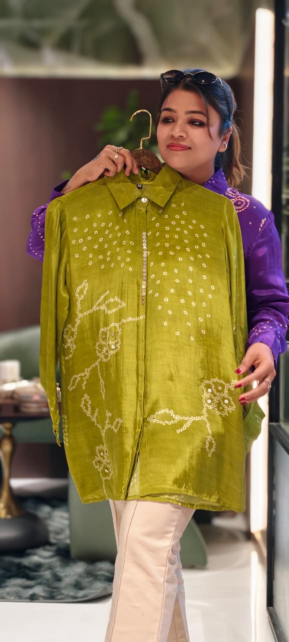 Scattered Bandhej Print Vibrant Crepe Collared Casual Shirt (Dispaching After 15 Days)