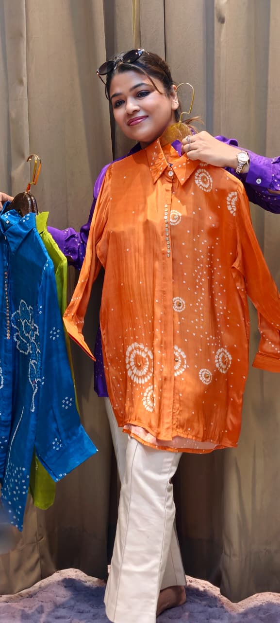 Scattered Bandhej Print Vibrant Crepe Collared Casual Shirt (Dispaching After 15 Days)