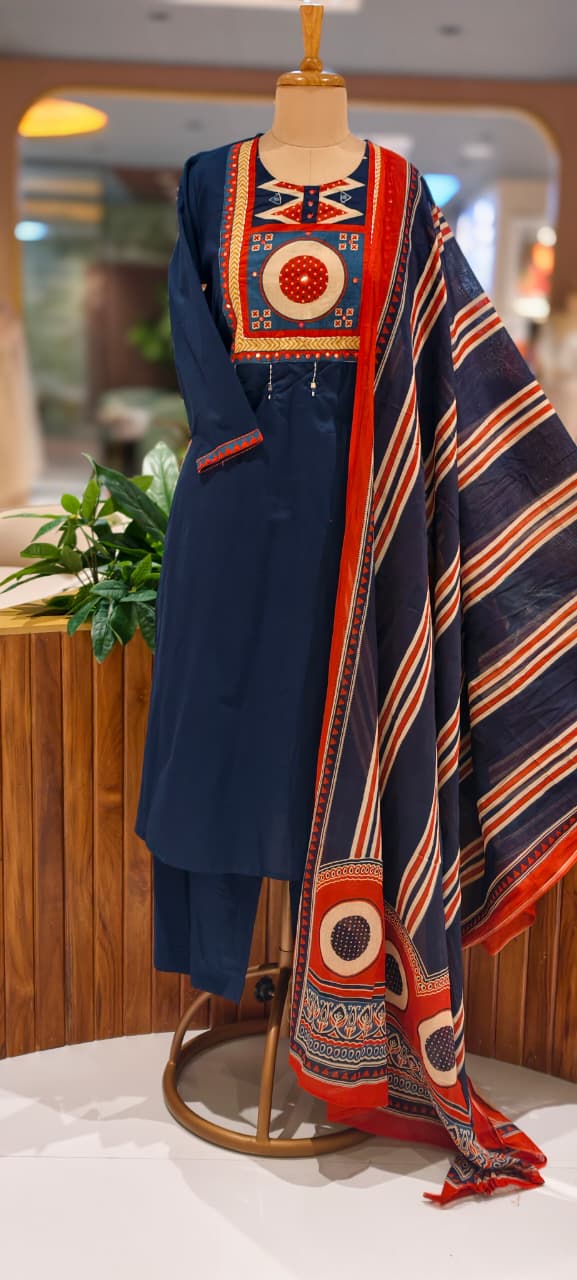 Premium Cotton  Kurta Pant Dupatta Set with Traditional Geometric Print Yoke, Contrast Borders, Elegant Straight Silhouette & Printed Dupatta-13402