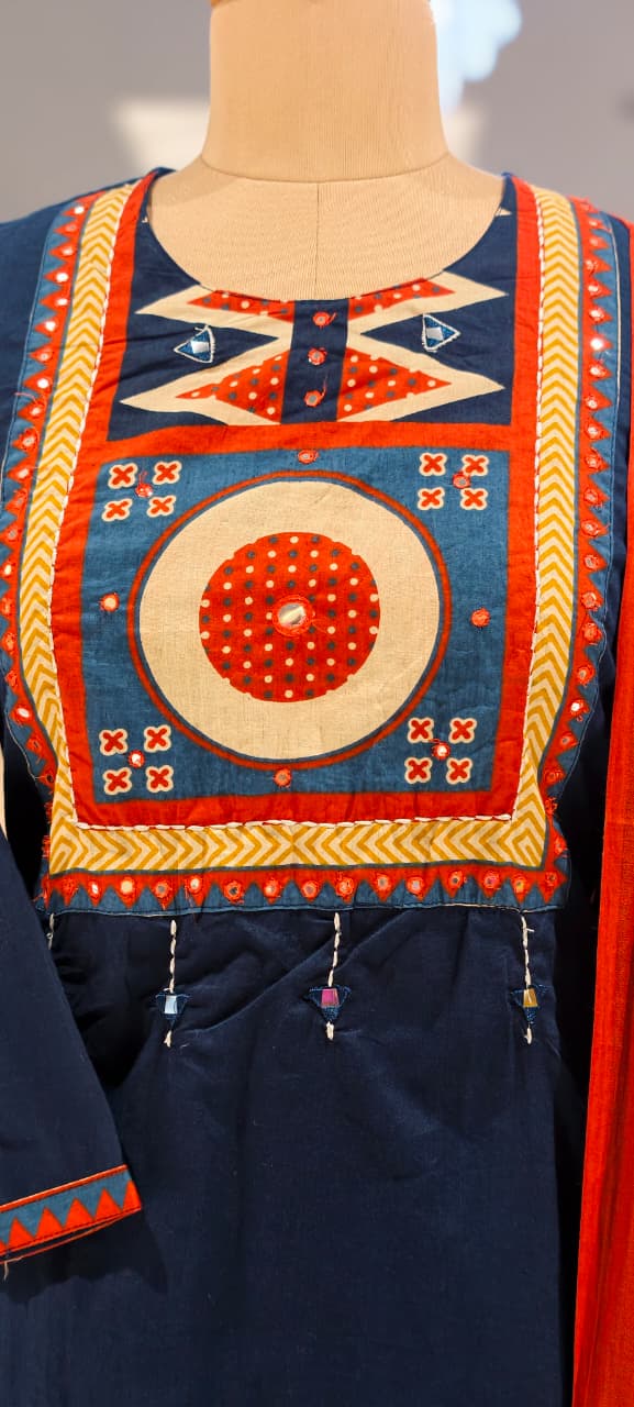 Premium Cotton  Kurta Pant Dupatta Set with Traditional Geometric Print Yoke, Contrast Borders, Elegant Straight Silhouette & Printed Dupatta-13402