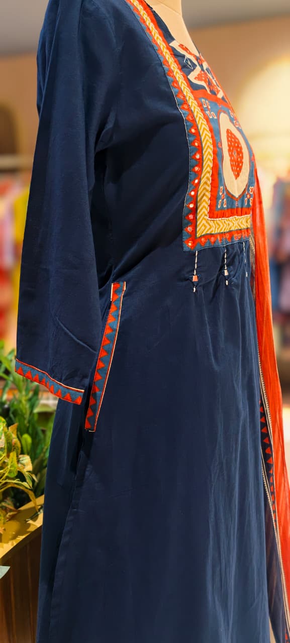 Premium Cotton  Kurta Pant Dupatta Set with Traditional Geometric Print Yoke, Contrast Borders, Elegant Straight Silhouette & Printed Dupatta-13402