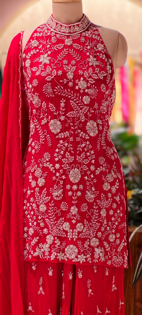 Party Wear Heavy Hand Work Ensemble Vibrant Tone Matching Sleeveless Kurta With Flared Palazzo Bottom