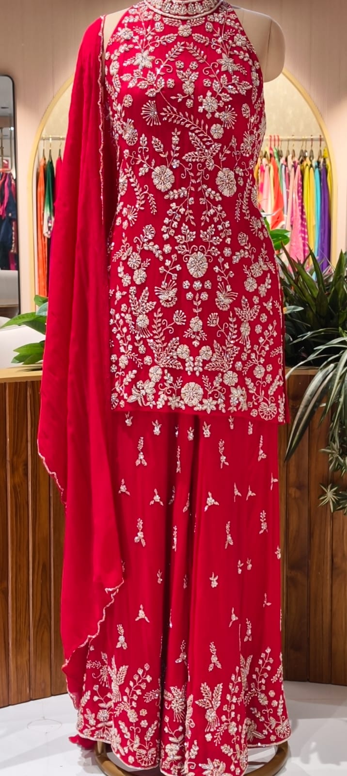 Party Wear Heavy Hand Work Ensemble Vibrant Tone Matching Sleeveless Kurta With Flared Palazzo Bottom