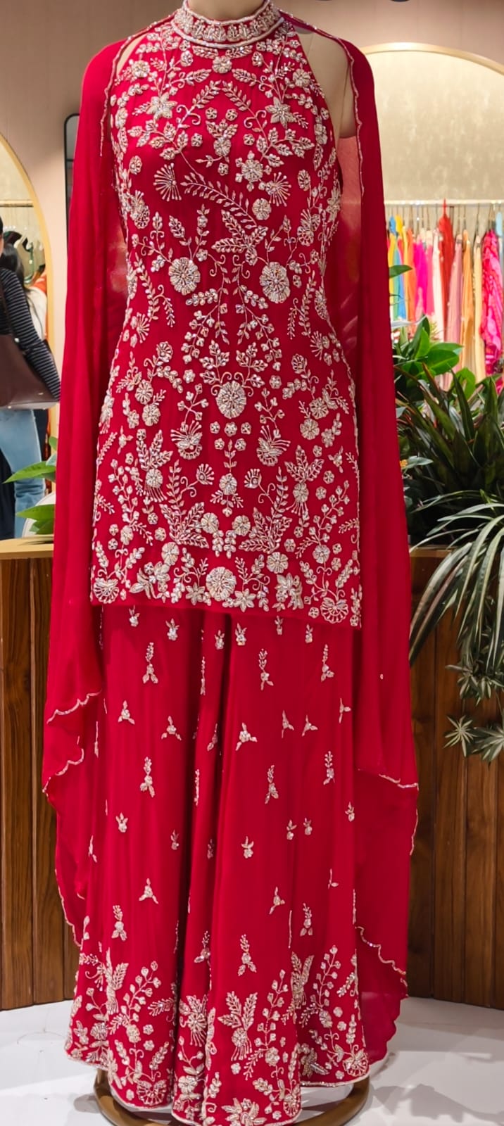 Party Wear Heavy Hand Work Ensemble Vibrant Tone Matching Sleeveless Kurta With Flared Palazzo Bottom