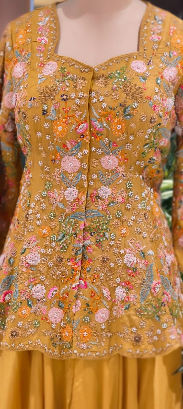 Ethereal Mustard Garden Floral Highlight Embroidered Designer Kurta With Loose Flared Bottom- 13323