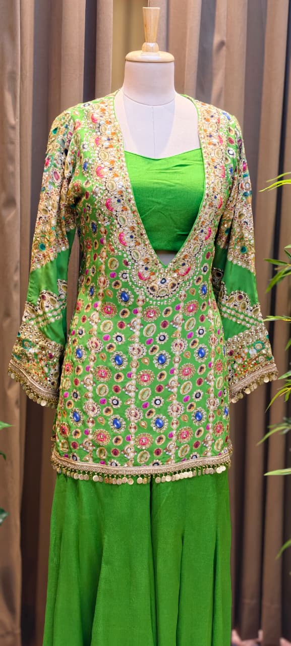 Rajasthani Elegance Multicolor Highlights Coin Tasseled Designer Outer With Buster & Flared Palazzo Bottom- 13325