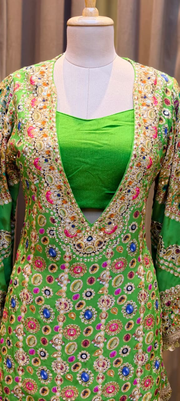 Rajasthani Elegance Multicolor Highlights Coin Tasseled Designer Outer With Buster & Flared Palazzo Bottom- 13325