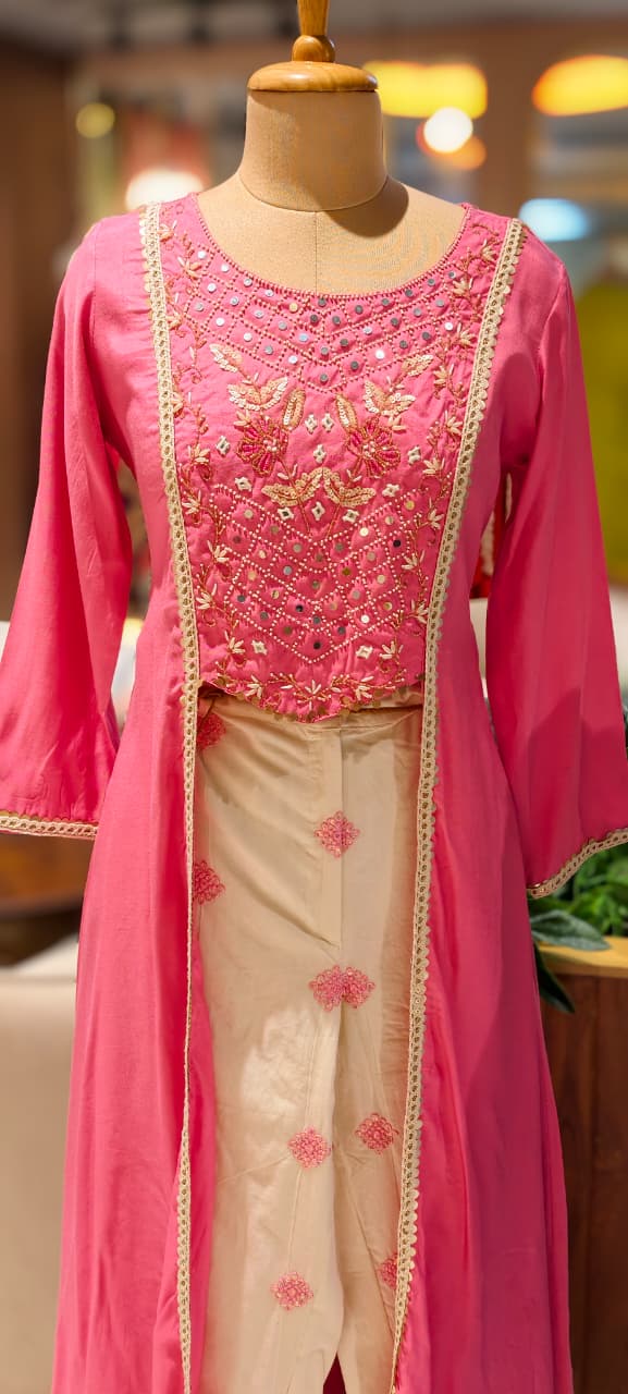 Pastel Elegance Intricate Embroidery Indo Wear Kurta With Bottom In Slub Cotton Fabric- 13496