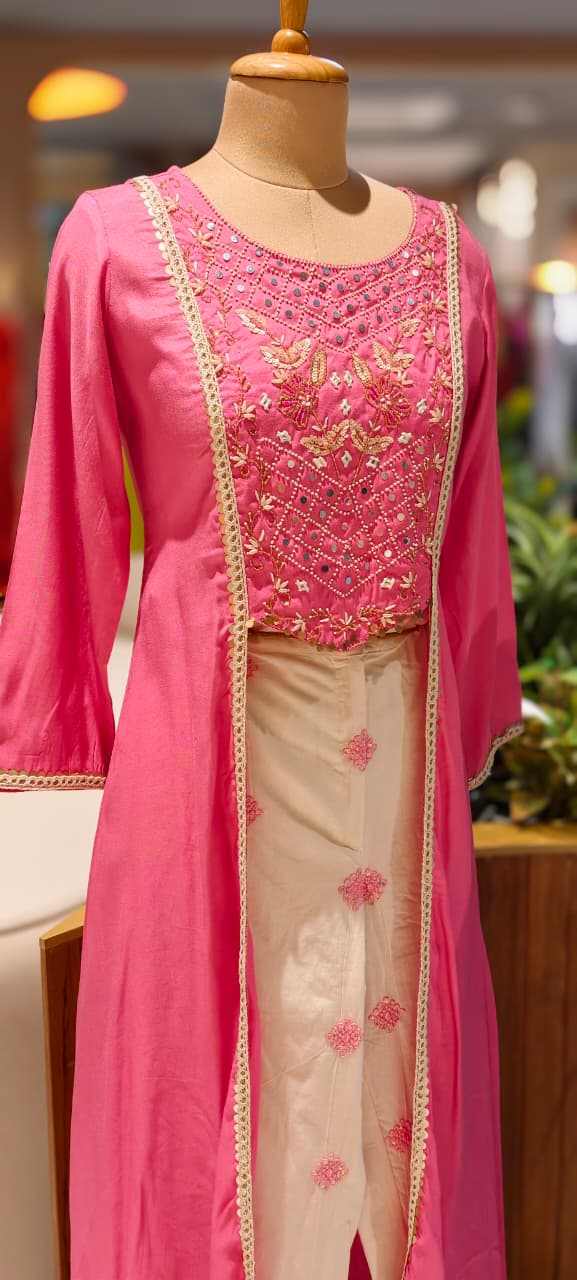 Pastel Elegance Intricate Embroidery Indo Wear Kurta With Bottom In Slub Cotton Fabric- 13496