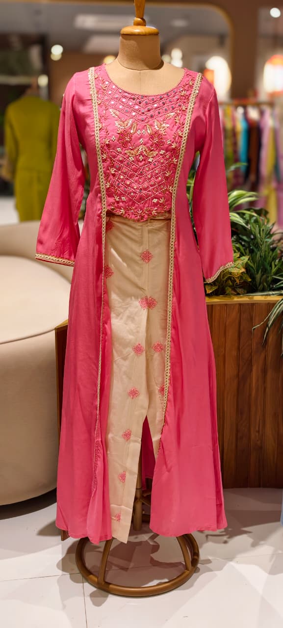 Pastel Elegance Intricate Embroidery Indo Wear Kurta With Bottom In Slub Cotton Fabric- 13496