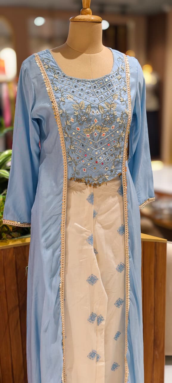 Pastel Elegance Intricate Embroidery Indo Wear Kurta With Bottom In Slub Cotton Fabric- 13496