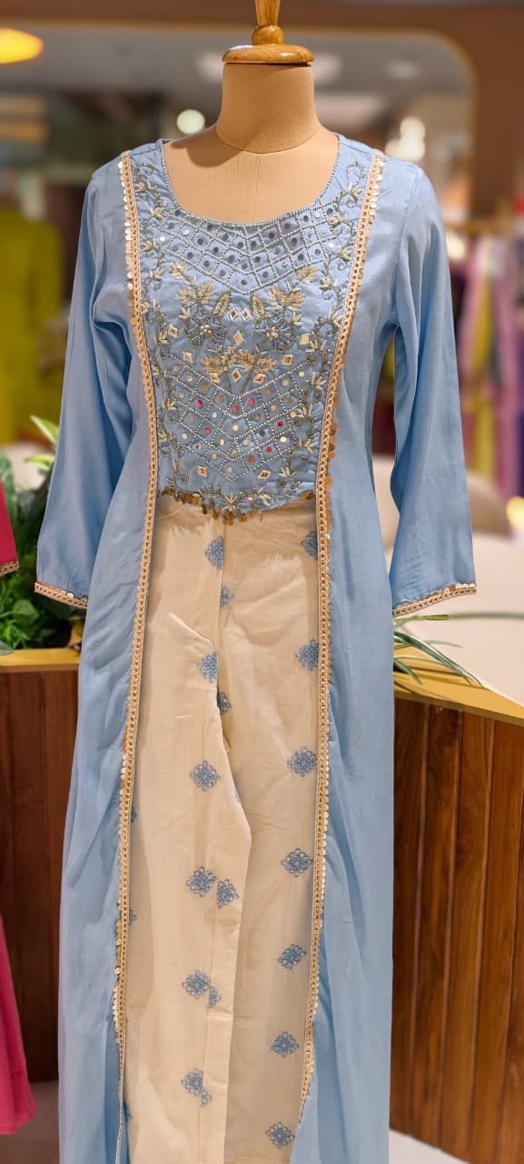 Pastel Elegance Intricate Embroidery Indo Wear Kurta With Bottom In Slub Cotton Fabric- 13496