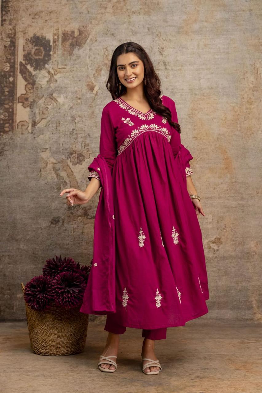 Alia Cut Rich Thread Embroidery Solid A-Line Full Suit Set With Dupatta In Cotton Fabric