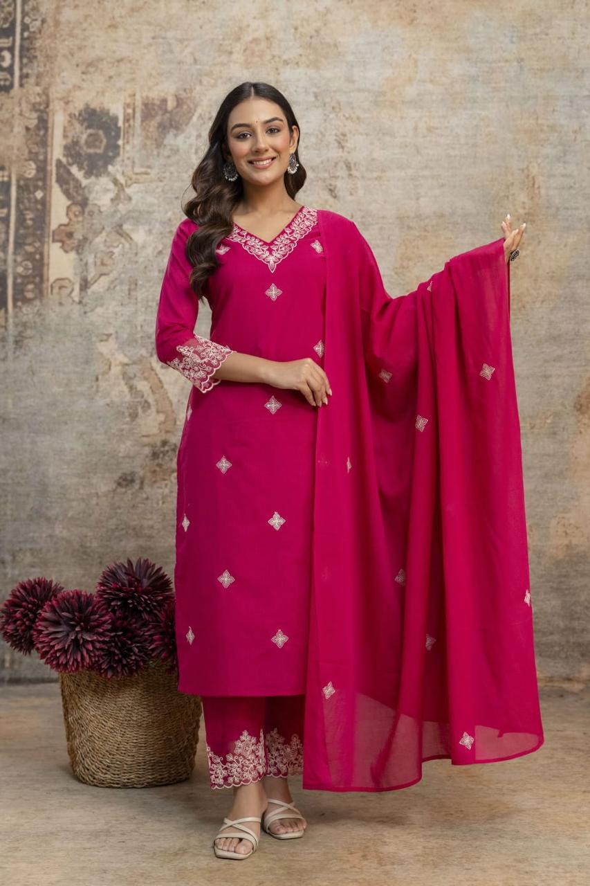 Ethereal Embroidered 3-Piece Set Kurta With Matching Trousers & Coordinated Dupatta