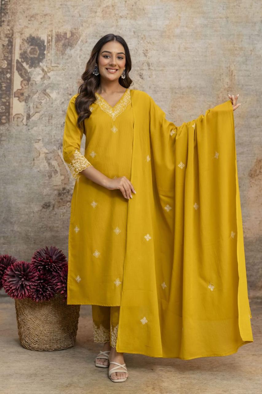 Ethereal Embroidered 3-Piece Set Kurta With Matching Trousers & Coordinated Dupatta