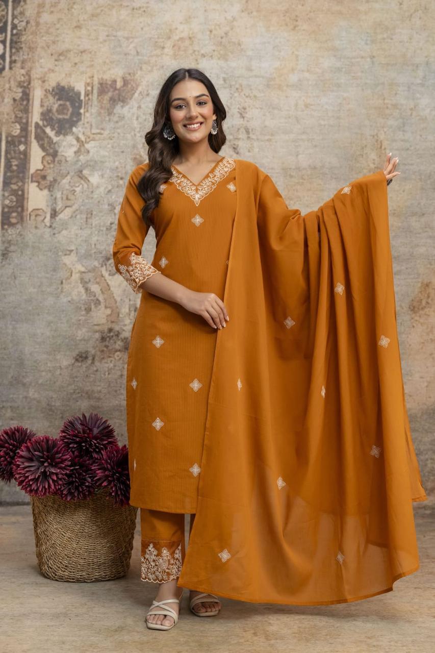 Ethereal Embroidered 3-Piece Set Kurta With Matching Trousers & Coordinated Dupatta