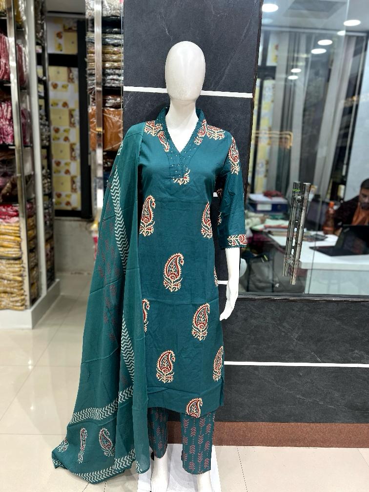 Zinnia Mango Buti Print Matching Full Suit Set With Dupatta In Cotton Fabric