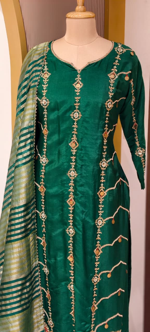 Royal Look Grand Handwork Silk Full Suit Set With Tissue Striped Dupatta- 13447