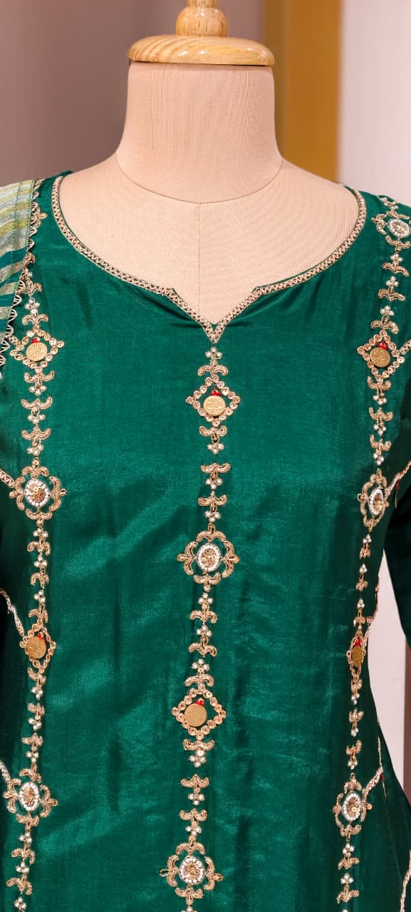 Royal Look Grand Handwork Silk Full Suit Set With Tissue Striped Dupatta- 13447