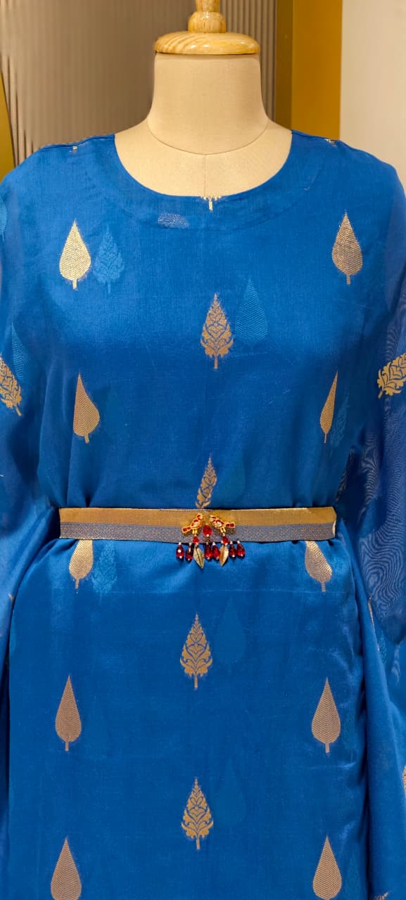 Royal Blue Leafy Brocade Touch Kaftan Look Indo-Western With Bottom & Separate Belt- 13460