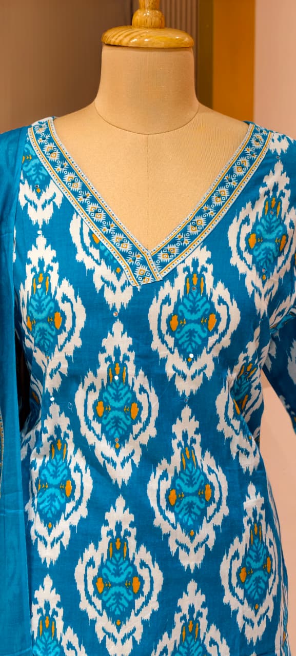 V-neck Aqua Bloom Printed Full Suit Set With Dupatta In Cotton Fabric
